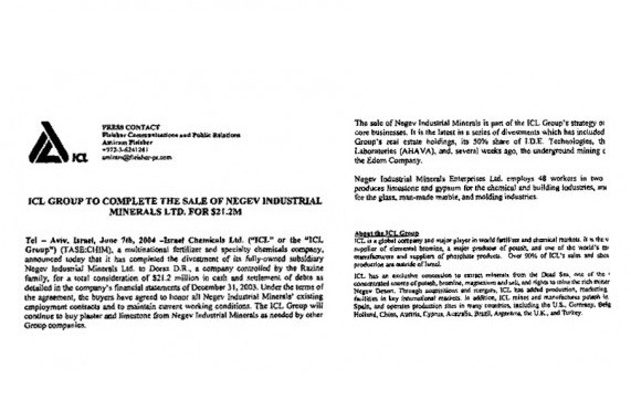 2004 - Negev Industrial Minerals is acquired by Doraz Holdings