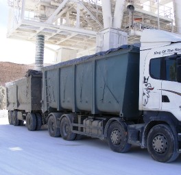 משאית כבדה עם מכולות גדולות הממוקמת מתחת למבנה טעינה תעשייתי
